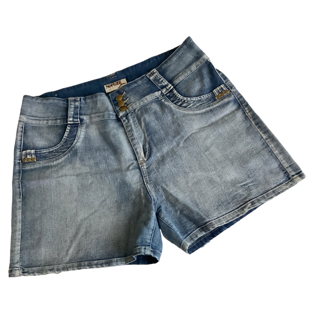 No Fuze Womens Blue Faded High Rise Embellished Button Denim Jean Shorts Size 18